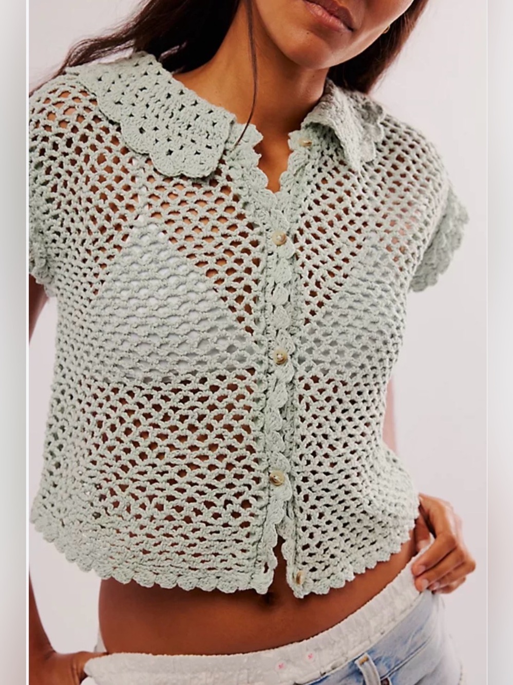 Free People Lily cropped Crochet Top cover up in mint. Medium